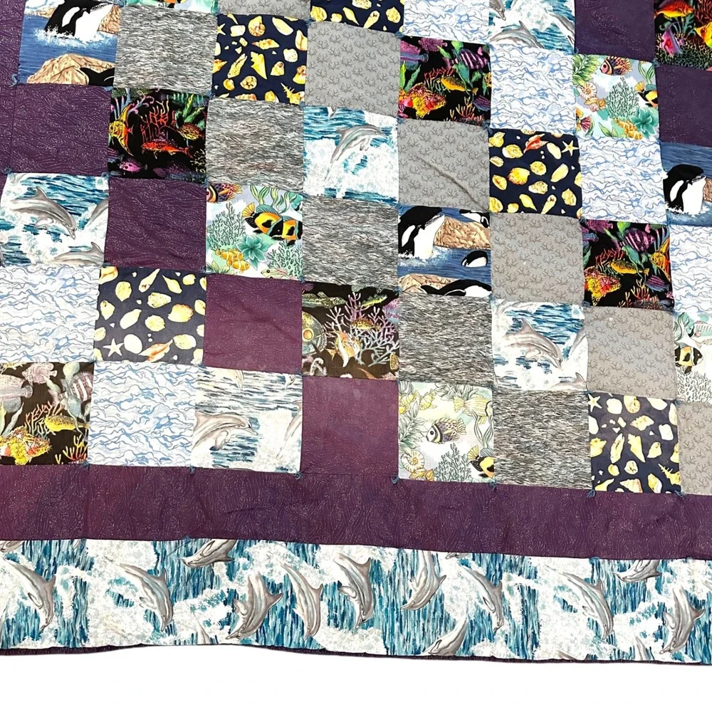 VTG Handmade Dolphin Quilt 90s Y2K Ocean Orca‎ Patchwork Nostalgic Twin Throw